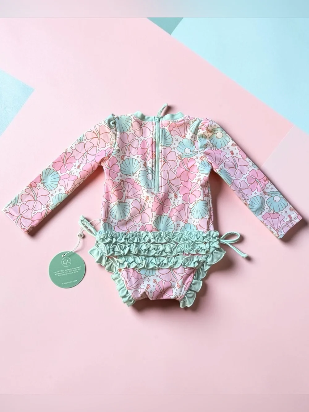 Caden Lane Pink & Mint Seashell Ruffle Rashguard One-Piece